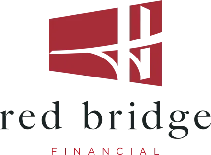 A red bridge financial logo on a green background.